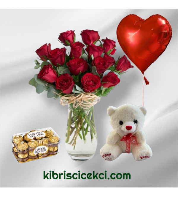 Vazoda 15 Kırmızı Gül Ayıcık 16'lı Ferrero Çikolata Kalp Helyum Balon